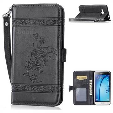 Luxury Retro Oil Wax Embossed PU Leather Wallet Case for Samsung Galaxy J3 2016 J320 - Black