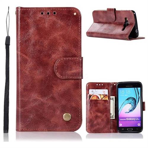 Luxury Retro Leather Wallet Case for Samsung Galaxy J3 2016 J320 - Wine Red