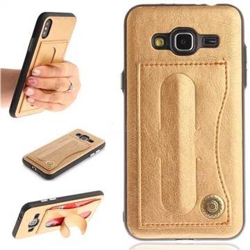 Retro Leather Coated Back Cover with Hidden Kickstand and Card Slot for Samsung Galaxy J3 2016 J320 - Golden