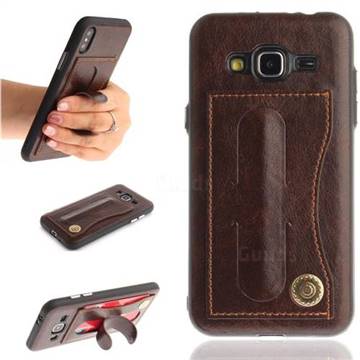Retro Leather Coated Back Cover with Hidden Kickstand and Card Slot for Samsung Galaxy J3 2016 J320 - Coffee