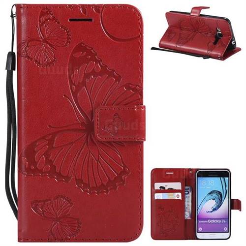Embossing 3D Butterfly Leather Wallet Case for Samsung Galaxy J3 2016 J320 - Red