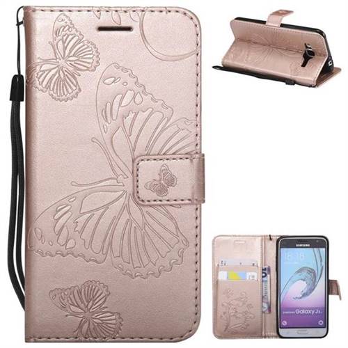 Embossing 3D Butterfly Leather Wallet Case for Samsung Galaxy J3 2016 J320 - Rose Gold