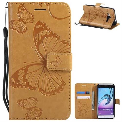 Embossing 3D Butterfly Leather Wallet Case for Samsung Galaxy J3 2016 J320 - Yellow