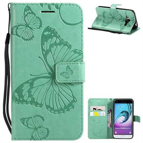 Embossing 3D Butterfly Leather Wallet Case for Samsung Galaxy J3 2016 J320 - Green