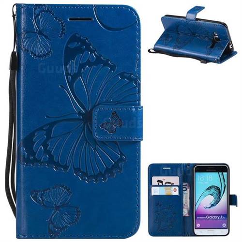 Embossing 3D Butterfly Leather Wallet Case for Samsung Galaxy J3 2016 J320 - Blue