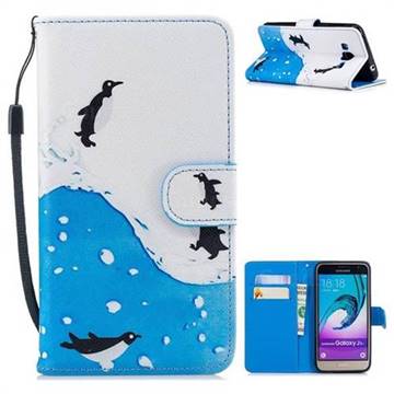 Sea Penguin Painting Leather Wallet Phone Case for Samsung Galaxy J3 2016 J320