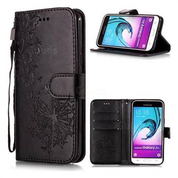 Intricate Embossing Dandelion Butterfly Leather Wallet Case for Samsung Galaxy J3 2016 J320 - Black