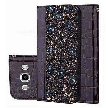 Shiny Crocodile Pattern Stitching Magnetic Closure Flip Holster Shockproof Phone Cases for Samsung Galaxy J3 2016 J320 - Black Brown