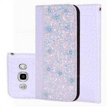 Shiny Crocodile Pattern Stitching Magnetic Closure Flip Holster Shockproof Phone Cases for Samsung Galaxy J3 2016 J320 - White Silver