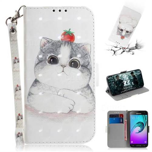 Cute Tomato Cat 3D Painted Leather Wallet Phone Case for Samsung Galaxy J3 2016 J320