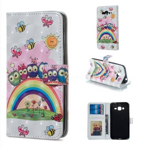 Rainbow Owl Family 3D Painted Leather Phone Wallet Case for Samsung Galaxy J3 2016 J320
