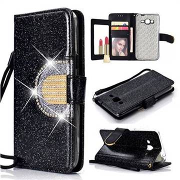 Glitter Diamond Buckle Splice Mirror Leather Wallet Phone Case for Samsung Galaxy J3 2016 J320 - Black