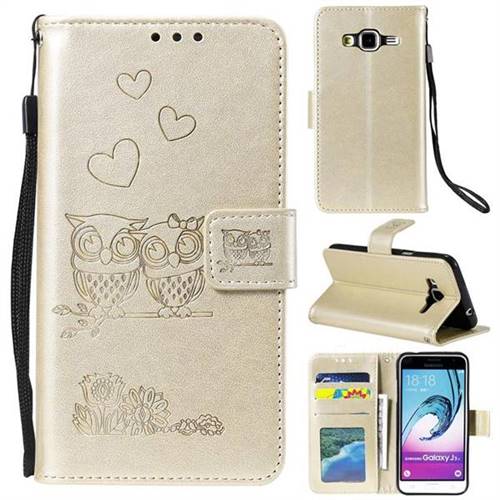 Embossing Owl Couple Flower Leather Wallet Case for Samsung Galaxy J3 2016 J320 - Golden