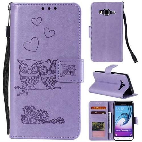 Embossing Owl Couple Flower Leather Wallet Case for Samsung Galaxy J3 2016 J320 - Purple