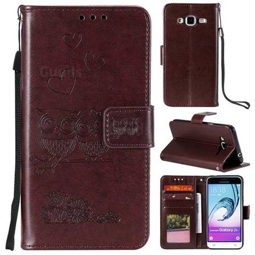 Embossing Owl Couple Flower Leather Wallet Case for Samsung Galaxy J3 2016 J320 - Brown