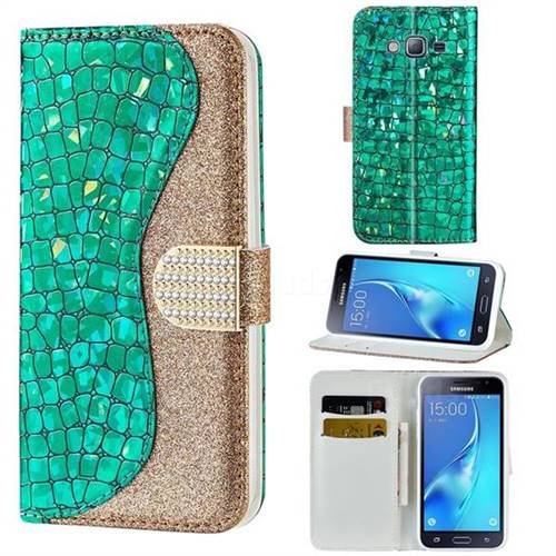 Glitter Diamond Buckle Laser Stitching Leather Wallet Phone Case for Samsung Galaxy J3 2016 J320 - Green