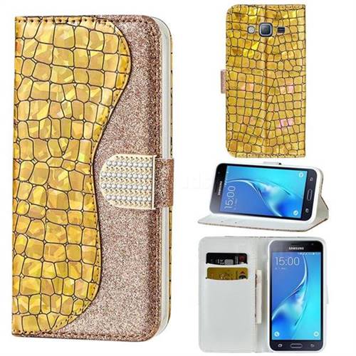 Glitter Diamond Buckle Laser Stitching Leather Wallet Phone Case for Samsung Galaxy J3 2016 J320 - Gold