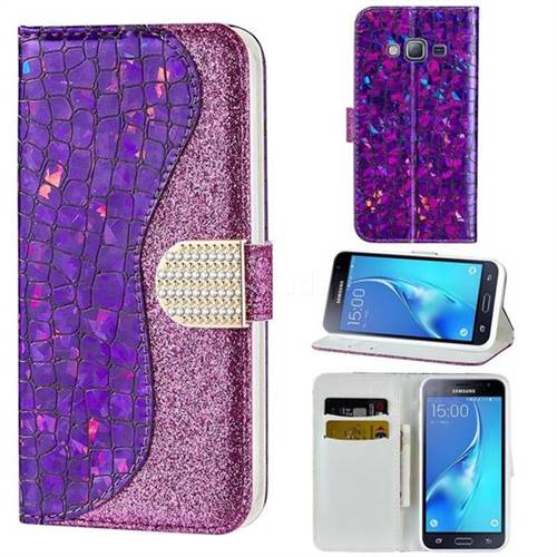 Glitter Diamond Buckle Laser Stitching Leather Wallet Phone Case for Samsung Galaxy J3 2016 J320 - Purple