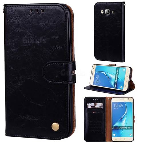 Luxury Retro Oil Wax PU Leather Wallet Phone Case for Samsung Galaxy J3 2016 J320 - Deep Black