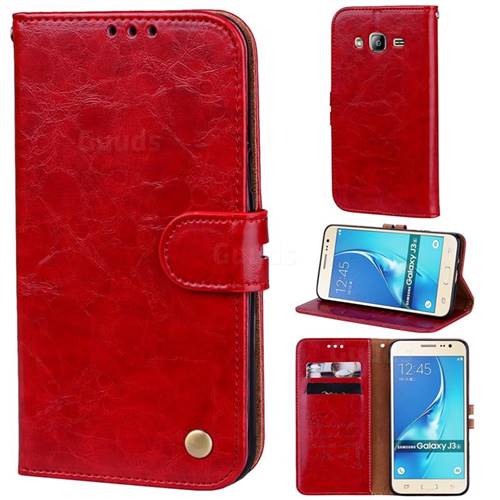 Luxury Retro Oil Wax PU Leather Wallet Phone Case for Samsung Galaxy J3 2016 J320 - Brown Red