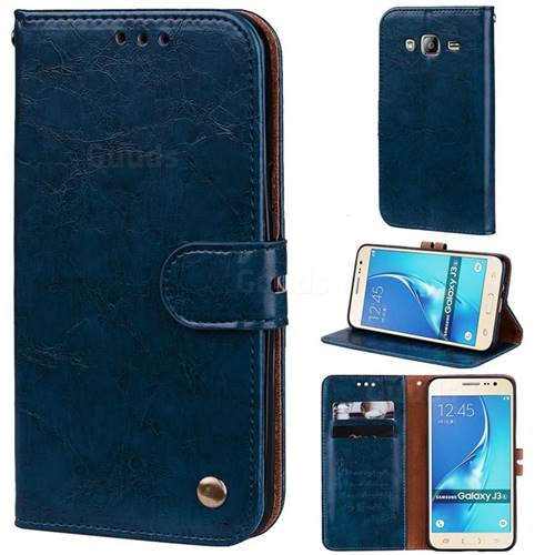 Luxury Retro Oil Wax PU Leather Wallet Phone Case for Samsung Galaxy J3 2016 J320 - Sapphire