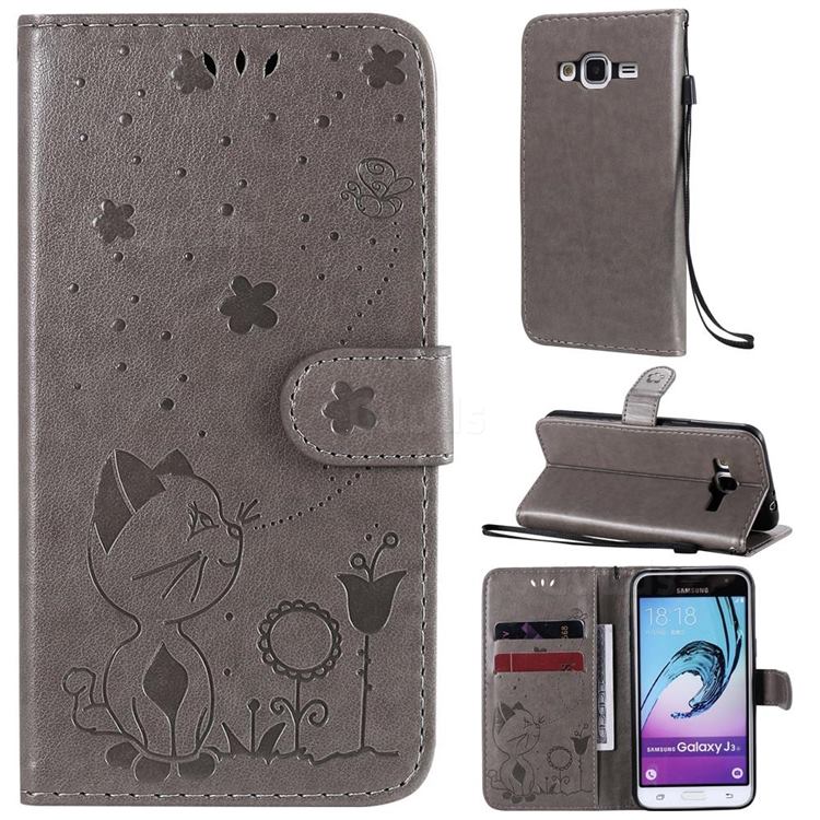 Embossing Bee and Cat Leather Wallet Case for Samsung Galaxy J3 2016 J320 - Gray