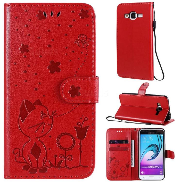 Embossing Bee and Cat Leather Wallet Case for Samsung Galaxy J3 2016 J320 - Red