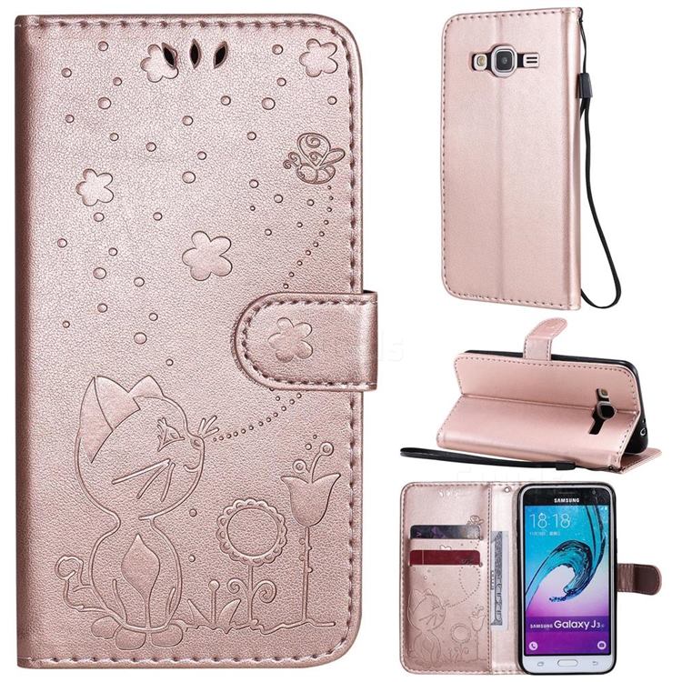 Embossing Bee and Cat Leather Wallet Case for Samsung Galaxy J3 2016 J320 - Rose Gold