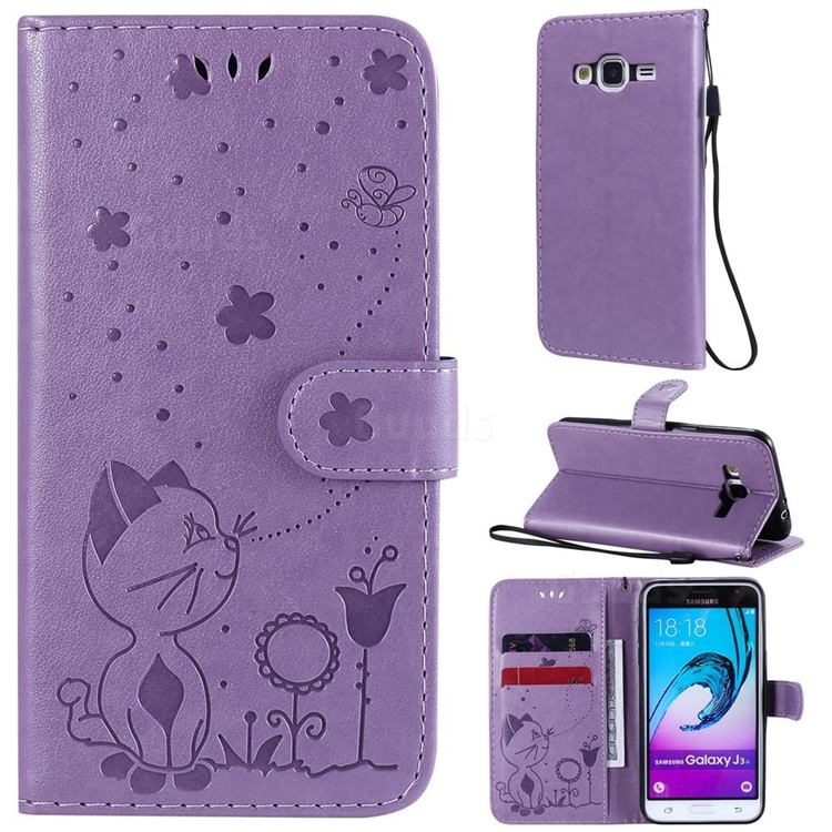 Embossing Bee and Cat Leather Wallet Case for Samsung Galaxy J3 2016 J320 - Purple
