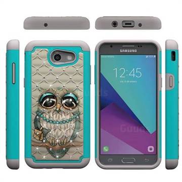 Sweet Gray Owl Studded Rhinestone Bling Diamond Shock Absorbing Hybrid Defender Rugged Phone Case Cover for Samsung Galaxy J3 2017 Emerge US Edition