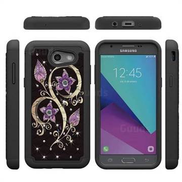 Peacock Flower Studded Rhinestone Bling Diamond Shock Absorbing Hybrid Defender Rugged Phone Case Cover for Samsung Galaxy J3 2017 Emerge US Edition