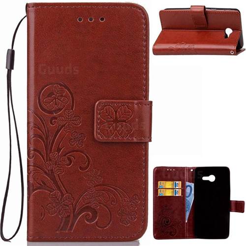Embossing Imprint Four-Leaf Clover Leather Wallet Case for Samsung Galaxy J3 2017 Emerge - Brown