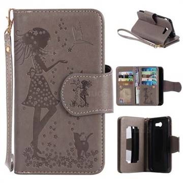 Embossing Cat Girl 9 Card Leather Wallet Case for Samsung Galaxy J3 2017 Emerge US Edition - Gray