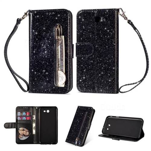 Glitter Shine Leather Zipper Wallet Phone Case for Samsung Galaxy J3 2017 Emerge US Edition - Black