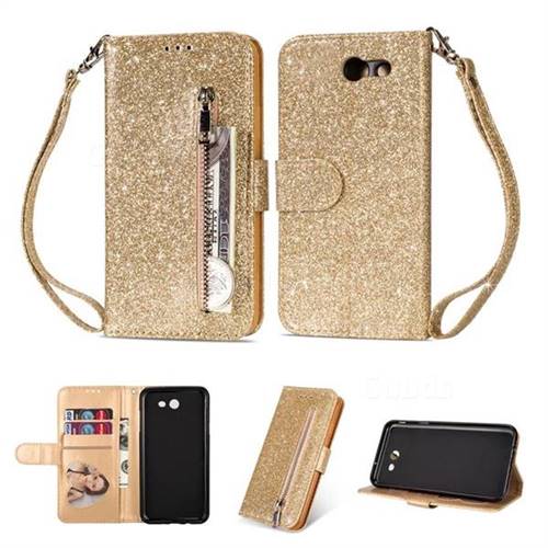 Glitter Shine Leather Zipper Wallet Phone Case for Samsung Galaxy J3 2017 Emerge US Edition - Gold