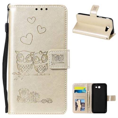 Embossing Owl Couple Flower Leather Wallet Case for Samsung Galaxy J3 2017 Emerge US Edition - Golden