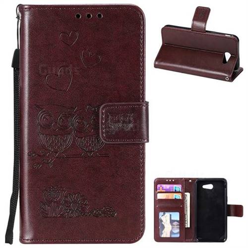 Embossing Owl Couple Flower Leather Wallet Case for Samsung Galaxy J3 2017 Emerge US Edition - Brown