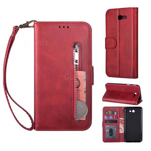 Retro Calfskin Zipper Leather Wallet Case Cover for Samsung Galaxy J3 2017 Emerge US Edition - Red