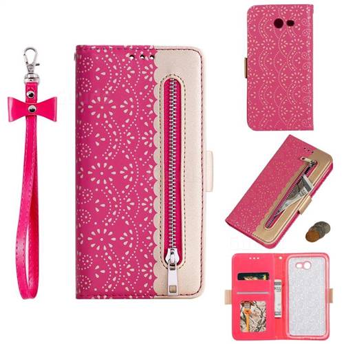 Luxury Lace Zipper Stitching Leather Phone Wallet Case for Samsung Galaxy J3 2017 Emerge US Edition - Rose