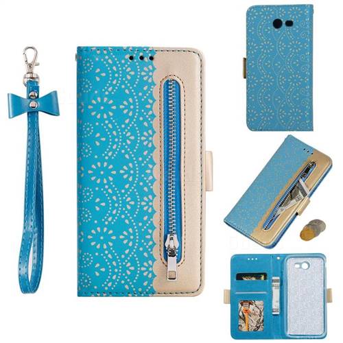 Luxury Lace Zipper Stitching Leather Phone Wallet Case for Samsung Galaxy J3 2017 Emerge US Edition - Blue
