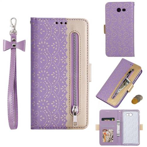 Luxury Lace Zipper Stitching Leather Phone Wallet Case for Samsung Galaxy J3 2017 Emerge US Edition - Purple