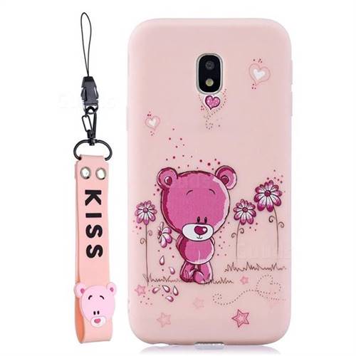 Pink Flower Bear Soft Kiss Candy Hand Strap Silicone Case for Samsung Galaxy J3 2017 J330 Eurasian