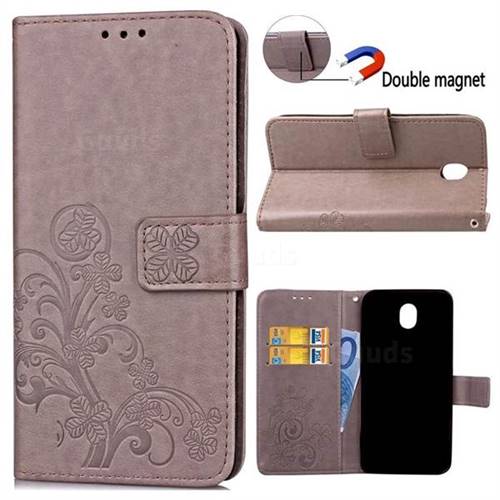 Embossing Imprint Four-Leaf Clover Leather Wallet Case for Samsung Galaxy J3 2017 J330 - Grey