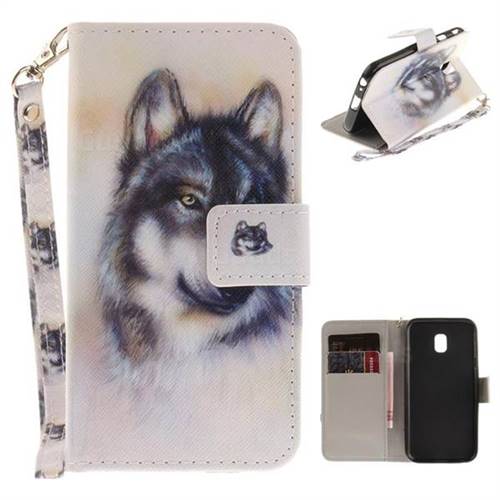 Snow Wolf Hand Strap Leather Wallet Case for Samsung Galaxy J3 2017 J330 Eurasian