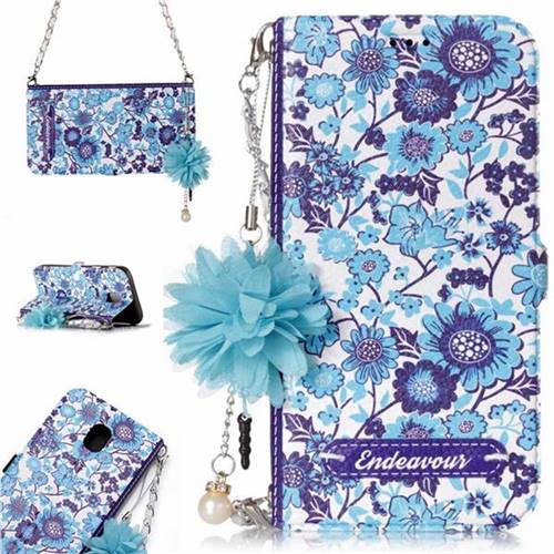 Blue-and-White Endeavour Florid Pearl Flower Pendant Metal Strap PU Leather Wallet Case for Samsung Galaxy J3 2017 J330 Eurasian