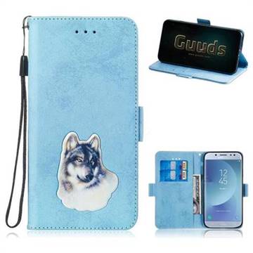 Retro Leather Phone Wallet Case with Aluminum Alloy Patch for Samsung Galaxy J3 2017 J330 Eurasian - Light Blue