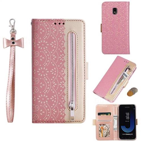 Luxury Lace Zipper Stitching Leather Phone Wallet Case for Samsung Galaxy J3 2017 J330 Eurasian - Pink