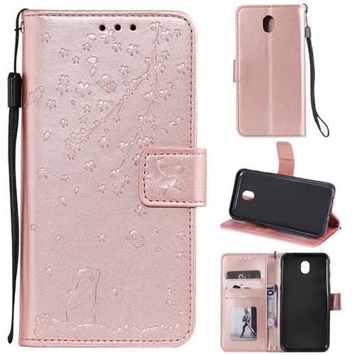 Embossing Cherry Blossom Cat Leather Wallet Case for Samsung Galaxy J3 2017 J330 Eurasian - Rose Gold