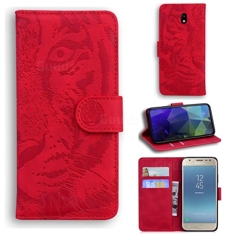 Intricate Embossing Tiger Face Leather Wallet Case for Samsung Galaxy J3 2017 J330 Eurasian - Red