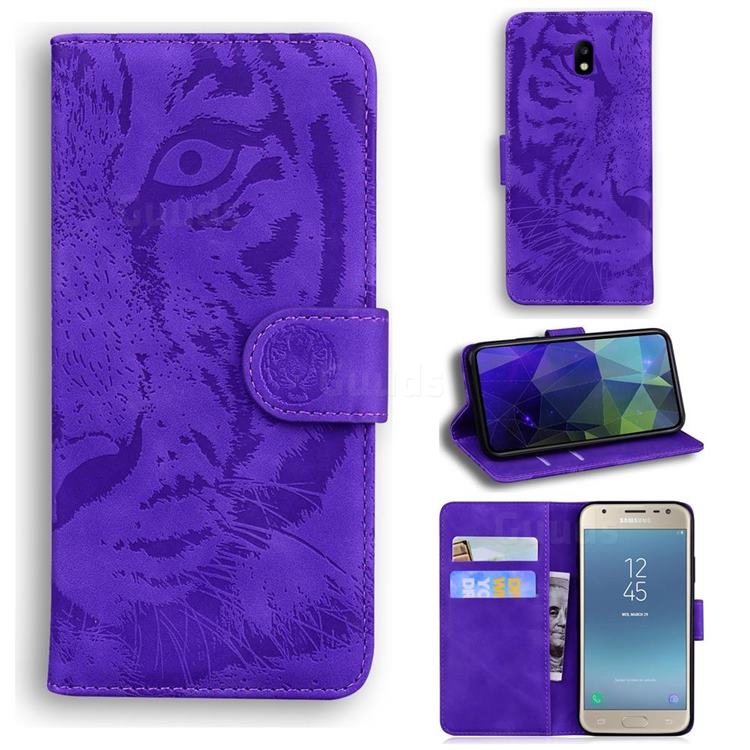 Intricate Embossing Tiger Face Leather Wallet Case for Samsung Galaxy J3 2017 J330 Eurasian - Purple